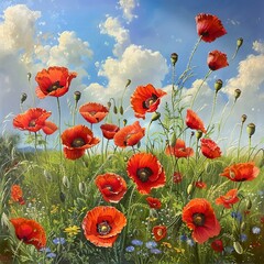 Obraz premium poppy flowers in summer, In remember of military veteran and Happy memorial day Celebration 