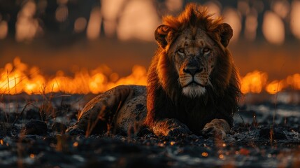 Africa Lion Male - Lion Fire Burned Destroyed Savannah. Lion Sitting in the Black Ash and cinders...