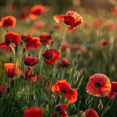 Fototapeta premium poppy flowers in summer, In remember of military veteran and Happy memorial day Celebration 