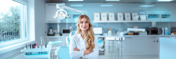 Banner, attractive female dentist in a white uniform on the background of a modern dental office. Image for a dental clinic website, advertising dentist services.