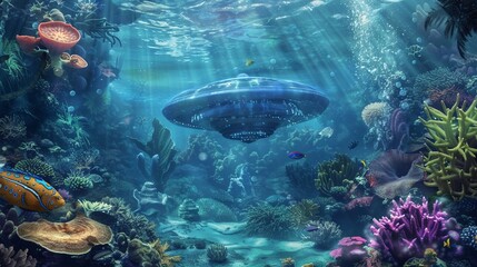 Fototapeta na wymiar An underwater view showing a submerged UFO near a coral reef, surrounded by diverse marine life, suggesting hidden alien bases