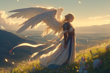 A beautiful angel with large feathered wings stands at the top of a mountain. She has blonde hair and is wearing an elegant white dress.  - obrazy, fototapety, plakaty
