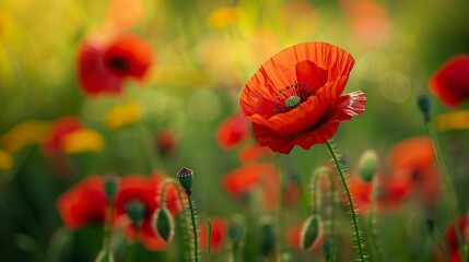 Fototapeta premium poppy flowers in summer, In remember of military veteran and Happy memorial day Celebration 