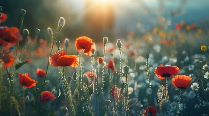 poppy flowers in summer, In remember of military veteran and Happy memorial day Celebration
 - obrazy, fototapety, plakaty