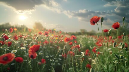 poppy flowers in summer, In remember of military veteran and Happy memorial day Celebration
 - obrazy, fototapety, plakaty