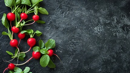 Fresh red radishes on black background. - obrazy, fototapety, plakaty
