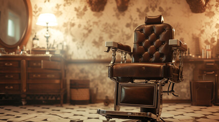A meticulously maintained barber chair, spotlighted by a vintage lamp, with an array of traditional razors and brushes on a side table, set against a soft, sepia-toned background. - obrazy, fototapety, plakaty