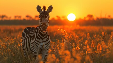 Africa Orange Zebra Sunrise. Bloom Flower Grass With Morning Back-light on the Meadow Field with Zebra - Generative AI