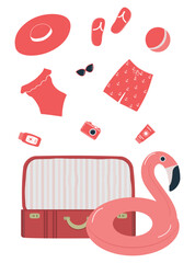 Beach accessories falling into red suitcase. Red swimsuit, swimming trunks, hat, sunglasses, flip flops, sunscreen, camera, flamingo swimming ring. Packing suitcase for summer vacation. Hello Summer