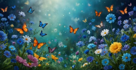 Fototapeta na wymiar Vibrant spring garden backdrop featuring flowers, butterflies, and blossoms in blue hues, ideal for seasonal banners and nature-themed designs