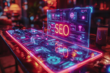 A neon sign with the word SEO on it - obrazy, fototapety, plakaty