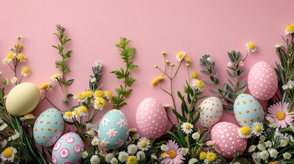 Fototapeta na wymiar Festive Easter arrangement pastel eggs adorned with flora on pink space for joyous messages