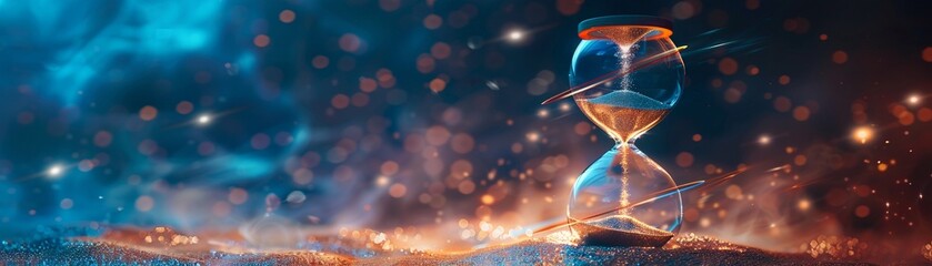 Hourglass with Cosmos, An hourglass with stars and galaxies instead of sand, illustrating cosmic time , Future Things Concept Backdrop, futuristic background - obrazy, fototapety, plakaty