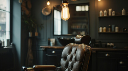 A stylish barbershop interior with a focus on a single, elegant barber chair, under the soft light of a vintage hanging bulb, set against a muted, charcoal grey background.