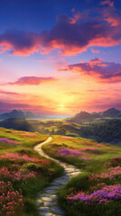 Beautiful sunrise or sunset over the green meadow mountains, valley, blue sky, sun rays, with spring flowers. peaceful, tranquil morning landscape countryside background