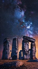 Fotobehang Stonehenge, The historical stone arrangement under a starry sky, a primitive method of marking celestial time , Future Things Concept Backdrop, futuristic background © Apaporn