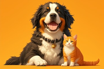 A black and white dog sitting next to an orange cat
