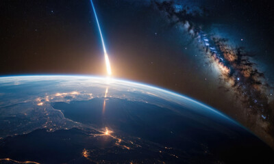 Rocket launch from the Earth planet through the clouds with a bright glow of the engine on the orbit and a bright blue nebula galaxy. 