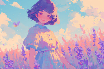 Obraz na płótnie Canvas Illustration of lavender field with a view in the morning. Colorful and minimal anime aesthetics style. AI Generative.