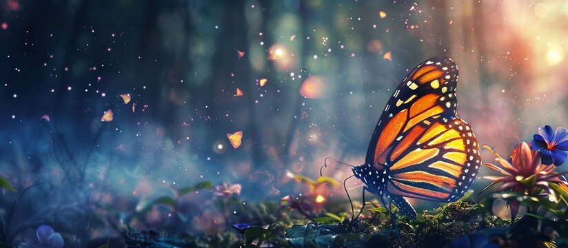 bright colorful tropical butterfly in a mysterious forest against the backdrop of the cosmic starry sky 