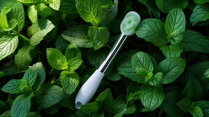 An ultra-realistic image of a derma roller lying on a bed of fresh mint leaves, emphasizing the natural and refreshing aspect of skin care routines. - Powered by Adobe