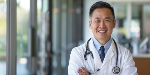 Approachable Asian male doctor with glasses and a cheerful demeanor, hospital walkway backdrop.