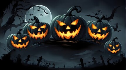 Halloween banner illustration with scary pumpkins background concept 