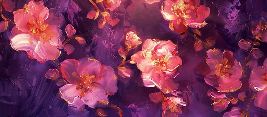 bright pink and gold beautiful flowers on deep purple background painted with oil paint  - obrazy, fototapety, plakaty