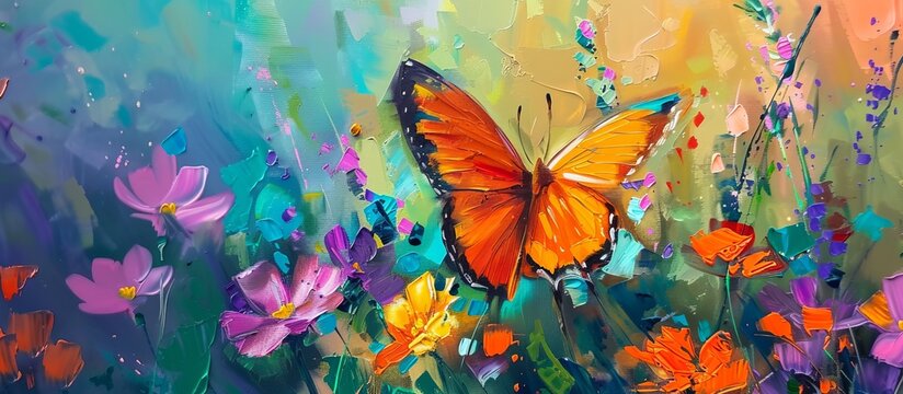 bright orange butterfly and colorful beautiful flowers painted with oil paints. bright summer background 