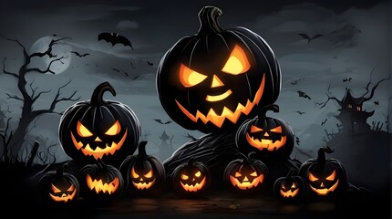 Halloween banner illustration with scary pumpkins background concept 