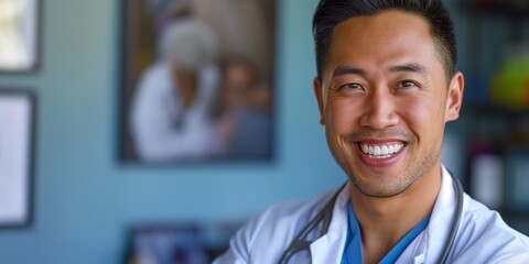 Beaming Asian male doctor in white coat outdoors with natural greenery in the background.
