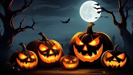Halloween banner illustration with scary pumpkins background concept 