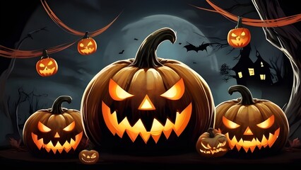Halloween banner illustration with scary pumpkins background concept 