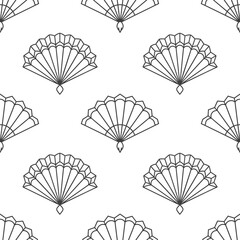 Seamless background of paper fans. Background from a hand fan. Silhouettes of Chinese, Japanese paper folding fans, traditional Asian jewelry. Vector