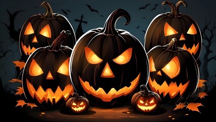 Halloween banner illustration with scary pumpkins background concept 