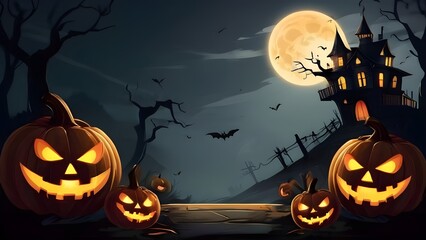 Halloween banner illustration with scary pumpkins background concept 