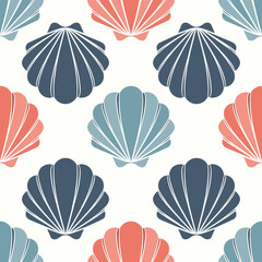 Seamless pattern of seashells. Seashells in pastel colors on a white background. Vector