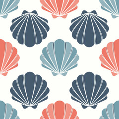 Seamless pattern of seashells. Seashells in pastel colors on a white background. Vector