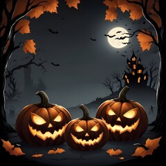 Halloween banner illustration with scary pumpkins background concept 