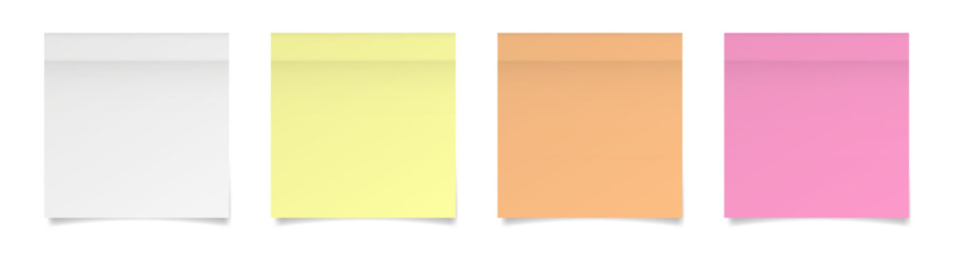 Set of square paper stickers. Stick in notes. White, yellow, orange and pink neon colors. Multicolor post it notes. Sheets of paper. Tag, sticky note	
