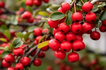 Fototapeta premium Bearberry hanging on a tree. Bearberry in the orchard