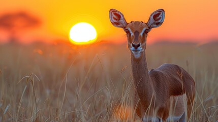Impala - in Africa wildlife. Beautiful Impala in the Grass With Evening Sun. Orange Sun Evening With Antelope - Generative AI - obrazy, fototapety, plakaty