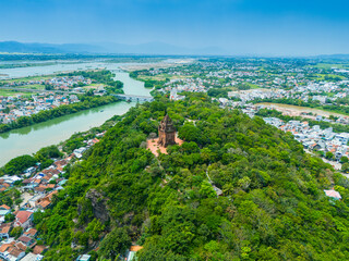 Aerial view of Nhan temple, tower is an artistic architectural work of Champa people in Tuy Hoa city, Phu Yen province, Vietnam
