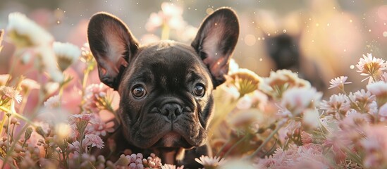 cute French Bulldog puppies among flowers. close up - obrazy, fototapety, plakaty