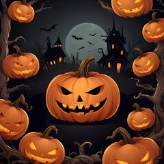 Halloween banner illustration with scary pumpkins background concept 