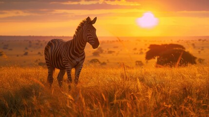 Plains zebra (Equus Quagga) in the Grassy Nature Habitat with Evening Light in Lake Mburo NP in Uganda - Generative AI - obrazy, fototapety, plakaty