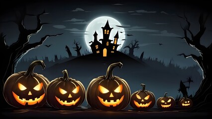 Halloween banner illustration with scary pumpkins background concept 