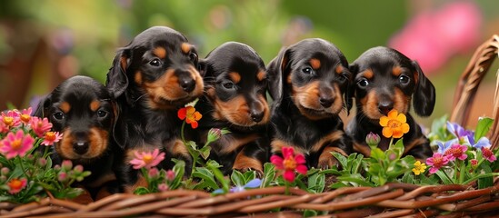 cute Dachshund puppies among flowers. close up  - obrazy, fototapety, plakaty