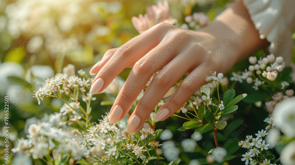 Wall mural picture of hand well  manicure, of wealthy woman who take care of beauty, nail, fingers, skin in perfect condition touching flower lightly 