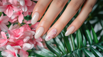 Fototapeta premium picture of hand well manicure, of wealthy woman who take care of beauty, nail, fingers, skin in perfect condition touching flowers 